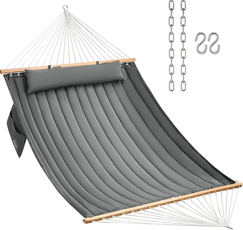 CHULIM Double Quilted Fabric Hammock with Hardwood Spreader Bars and Pillow 450 LBS Capacity 2 Person Large Hammock for Outdoor Patio Backyard Poolside - Dark Grey - Image 1